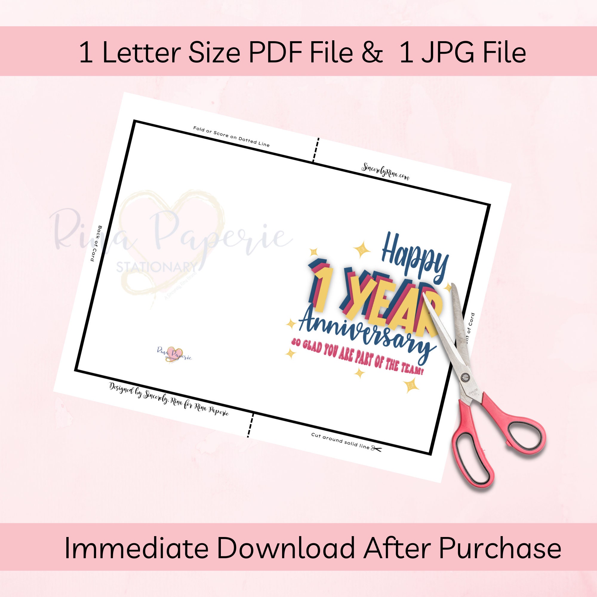 Happy 1 Year Anniversary Work Anniversary Card Instant Download PDF Card Template Rina Paperie