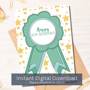 Happy Work-jubileum - kaart met groen lint en gele sterren - pdf direct downloaden - kaartsjabloon - Rina Paperie