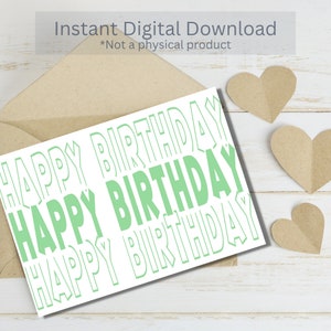 Plantilla de tarjeta de feliz cumpleaños verde (PDF de descarga instantánea)