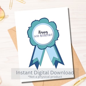 Happy Work Anniversary -Blue Ribbon Award Card - Instant Download PDF - Card Template - Rina Paperie