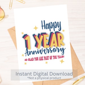 Feliz primer aniversario - Tarjeta de aniversario del trabajo - Descarga instantánea PDF- Plantilla de tarjeta - Rina Paperie