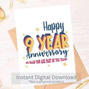 Gelukkig 9-jarig jubileum - Werkverjaardagskaart - Instant download pdf- kaartsjabloon - Rina Paperie