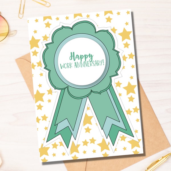 Happy Work Anniversary - Green Ribbon & Yellow Stars Card - Instant Download PDF - Card Template - Rina Paperie