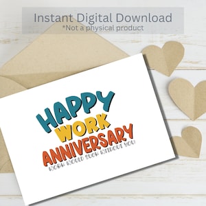 Feliz aniversario del trabajo - Tarjetas de aniversario del trabajo de seis tarjetas (varios colores) - Descargas instantáneas PDF - Plantilla de tarjeta - Rina Paperie