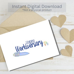 Feliz aniversário de trabalho - Cartão de caneta e clipes de papel - Download instantâneo PDF - Modelo de cartão - Rina Paperie