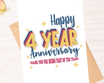 Happy 4 Year Anniversary - Work Anniversary Card- Instant Download PDF- Card Template - Rina Paperie