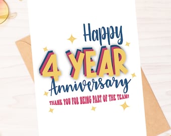 Happy 4 Year Anniversary - Work Anniversary Card- Instant Download PDF- Card Template - Rina Paperie