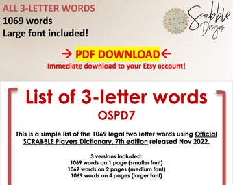 PDF Scrabble Word List Cheat Sheet: Acceptable 3 letter words list - 2 versions and font sizes 1 page and 2 pages
