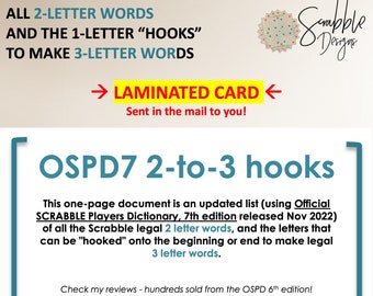 LAMINATED CARD shipped to you! Scrabble Word List Cheat Sheet.  OSPD7.  2 letters words and their &quot;hooks&quot; to make 3 letter words