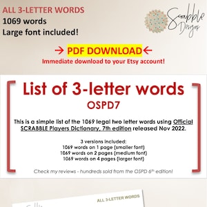 Hoja de trucos de la lista de palabras de Scrabble en formato PDF: lista de palabras aceptables de 3 letras - 2 versiones y tamaños de fuente: 1 página y 2 páginas