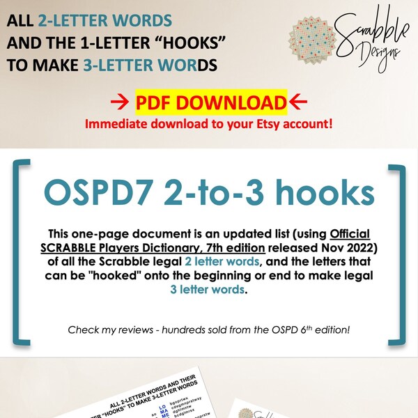 PDF Scrabble Word List Cheat Sheet: 2 letters words and their "hooks" to make 3 letter words