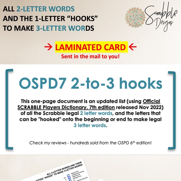 LAMINATED CARD shipped to you! Scrabble Word List Cheat Sheet.  OSPD7.  2 letters words and their "hooks" to make 3 letter words *new Nov22