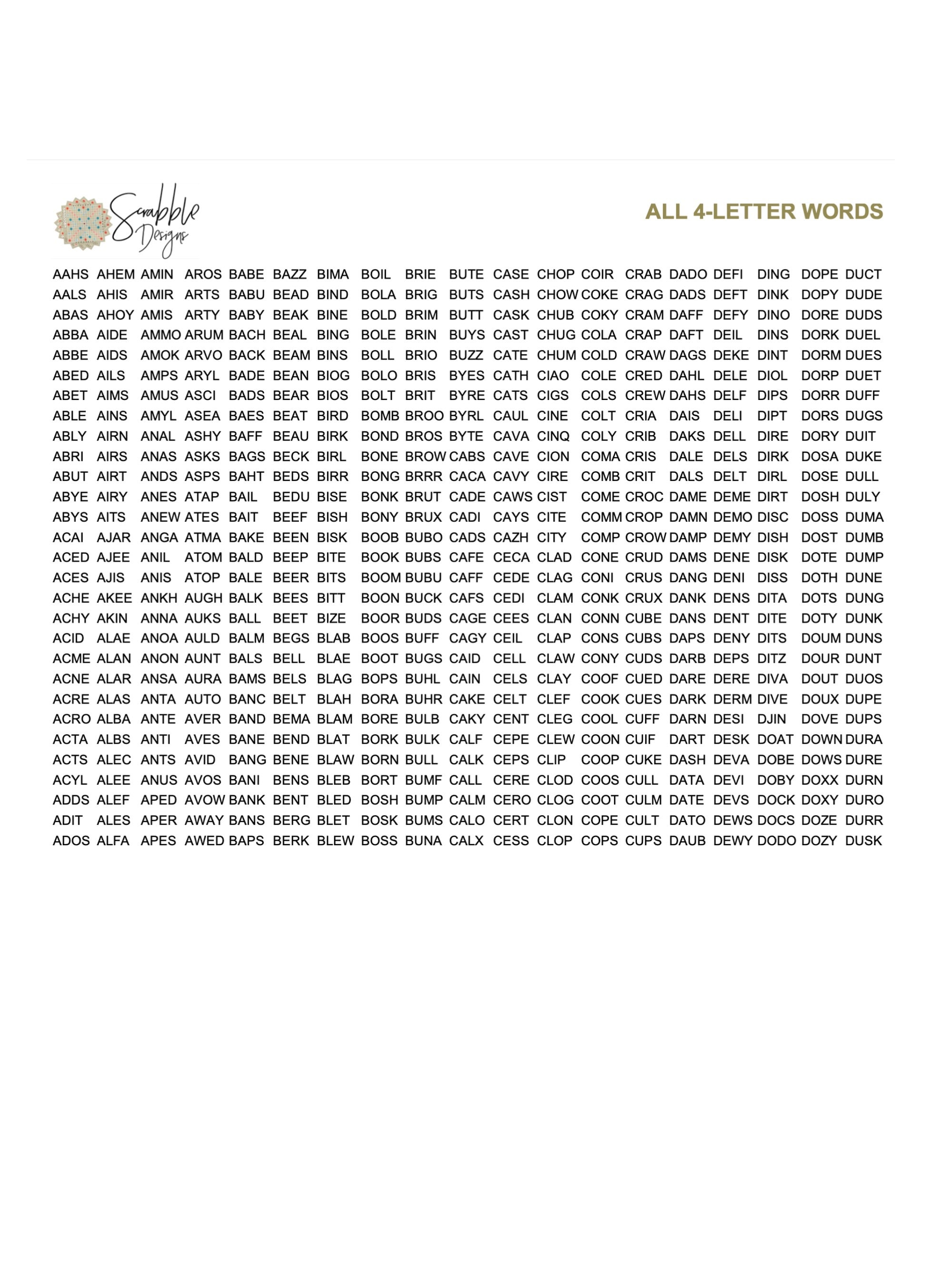 PDF Scrabble Word List Cheat Sheet: Acceptable 4 Letter Words List all