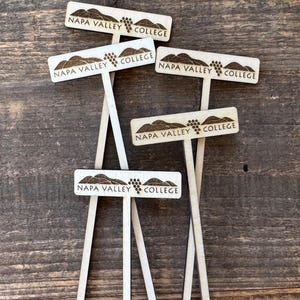 Può includere: Segnaposto per piante in legno chiaro con la scritta "NAPA VALLEY COLLEGE" e un disegno di montagna e uva. I segnaposto hanno una parte superiore rettangolare e un lungo stelo sottile. Sono disposti su una superficie di legno.