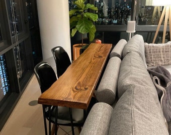 Reclaimed Wood Bar Table: Custom Live Edge Sofa Bar with Hairpin Legs