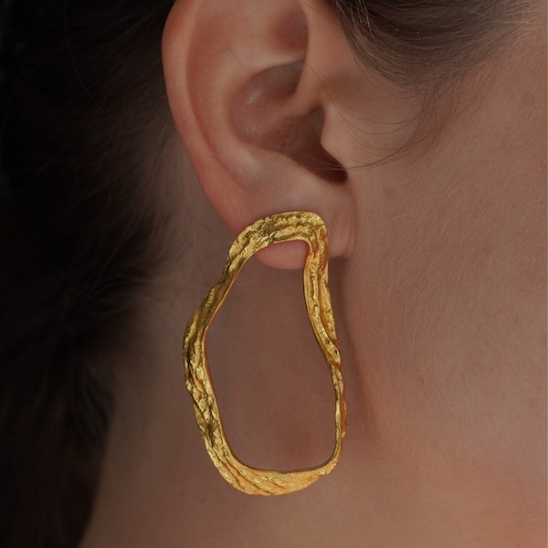 Irregular Gold Hoop Earrings Abstract Metal Earrings Modern Art Earrings Unique Statement Earrings Big Brass Earrings Brushed Gold