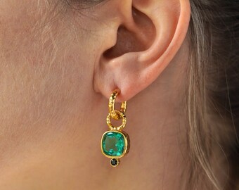 Green Charm Hoop Earrings Chunky Small Gold Everyday Textured Modern Statement Earrings Modern Designer Jewellery Gift for her