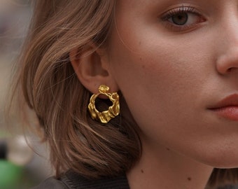 Melted Gold Earrings Chunky Gold Irregular Statementl Earrings Big Round Gold Stud Organic Abstract Sculptural Unique Modern Gold Earrings