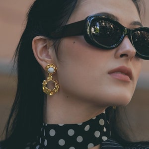 Irregular Organic Gold Earrings, Dangle Hoop Earrings, White Turquoise Geometric Unique Earrings, Wedding Gift For Her image 1