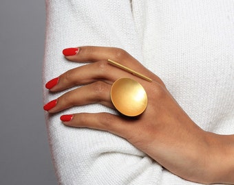 Large Gold Disc Ring Statement Chunky Double Finger Open Big Oversized Contemporary Organic Modern Unique Geometric Edgy Abstract Unusual