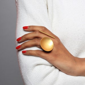 Large Gold Disc Ring Statement Chunky Double Finger Open Big Oversized Contemporary Organic Modern Unique Geometric Edgy Abstract Unusual image 4