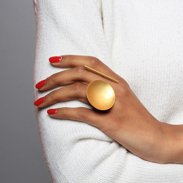 Large Gold Disc Ring Statement Chunky Double Finger Open Big Oversized Contemporary Organic Modern Unique Geometric Edgy Abstract Unusual