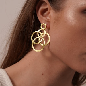 Geometric Gold Earrings Statement Contemporary Multi Linked Hoop Big Large Oversized Unique Textured Contemporary Modern Edgy Bold Abstract image 1