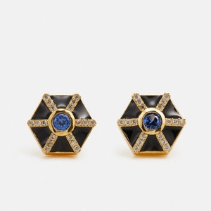 Black Enamel Sapphire Stud Earrings Sapphire Birthstone Earring Hexagon earrings Black earrings Trendy Earrings 2023 Anniversary gift image 3