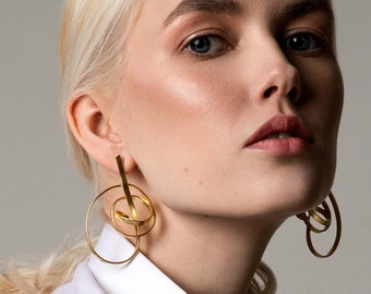 Geometric Gold Earrings Statement Big Large Long Unique Edgy Modern Irregular Twist Hoops Contemporary Organic Unusual Abstract Jewelry Gift