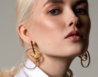 Big Gold Earrings Statement Large Long Unique Edgy Modern Irregular Twist Hoops Contemporary Organic Unusual Abstract Jewelry Gift