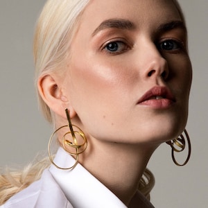 Big Gold Earrings Statement Large Long Unique Edgy Modern Irregular Twist Hoops Contemporary Organic Unusual Abstract Jewelry Gift