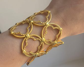 Wide Gold Open Cuff BRACELET Arhitectual gold Cuff Bangle Adjustable Designer Clover Antique Bracelet Gift for her