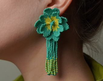 Big Flower Earrings, Tassel Earrings, Big Floral Earrings, Bead Earrings, Beaded Flower, Long Fringe Earrings, Bridesmaid Jewelry