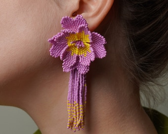 Big Flower Earrings, Tassel Earrings, Big Floral Earrings, Bead Earrings, Beaded Flower, Long Fringe Earrings, Bridesmaid Jewelry