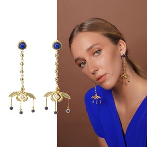 Long Bee Earrings Lapis Lazuli Pearl Bead Earrings Unique Modern Statement Earrings Natural Stone Blue Contemporary Vintage Edgy Unusual image 1