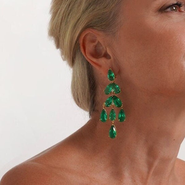 Big Emerald Earrings Green stone Luxury designer Earrings Evening earrings Party Long chandelier emerald quartz Earrings