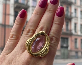 Big Stone Chunky Ring Gold Statement Organic Texture Irregular Ring Gemstone Cocktail Gold Filled Ring 14k gold