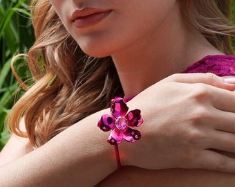 Big Flower Bracelet Bridesmaid Big Floral Bangle Prom Pink Metal jewelry Ruby bracelet Oversized Bridal Statement Bracelet