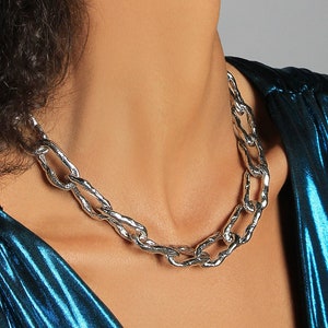 Silver Link Chain Necklace Big Chunky Curb Textured Thick Link Statement Choker Modern Textured 90s punk style chunky retro vintage gift her