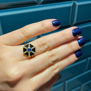 Black Enamel Hexagon Ring: Blue Sapphire Geometric Statement Jewelry