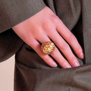 Large Gold Statement Ring Textured Chunky Gold Ring Adjustable Big Boho Oversized Round Retro Modern Ring for Her Girlfriend Gift