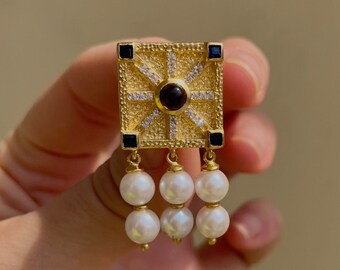 Bohemian Pearl Dangle Earrings Tourmaline French Style Earrings Modern Ethnic Earrings Contemporary Elegant Gold Dangle Earrings