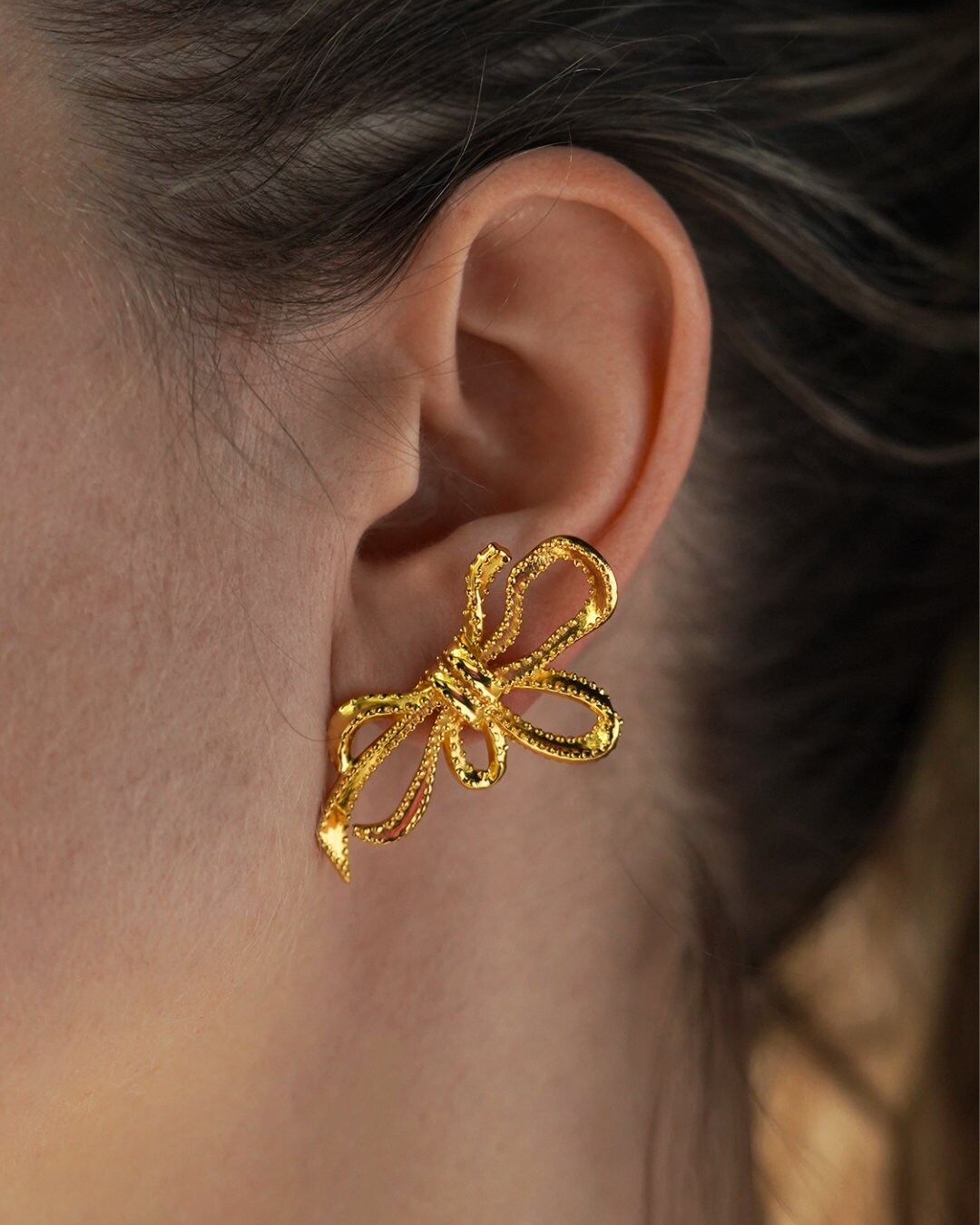 Gold Bow Stud Earrings For Women - 18K Gold Plated Ribbon Bowtie Jewelry 20x23mm