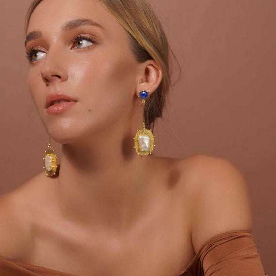 Large Elegant Gemstone Earrings Classy Big Natural Pearl and Lapis Lazuli Earrings Hammered Gold Lightweight Modern Art Earrings Etsy