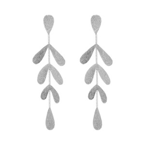 Statement Silver Leaves Earrings Long Geometric Textured Hammered Modern Unique Branch Unusual Boho Leaf Wedding Dangle Contemporary Silver