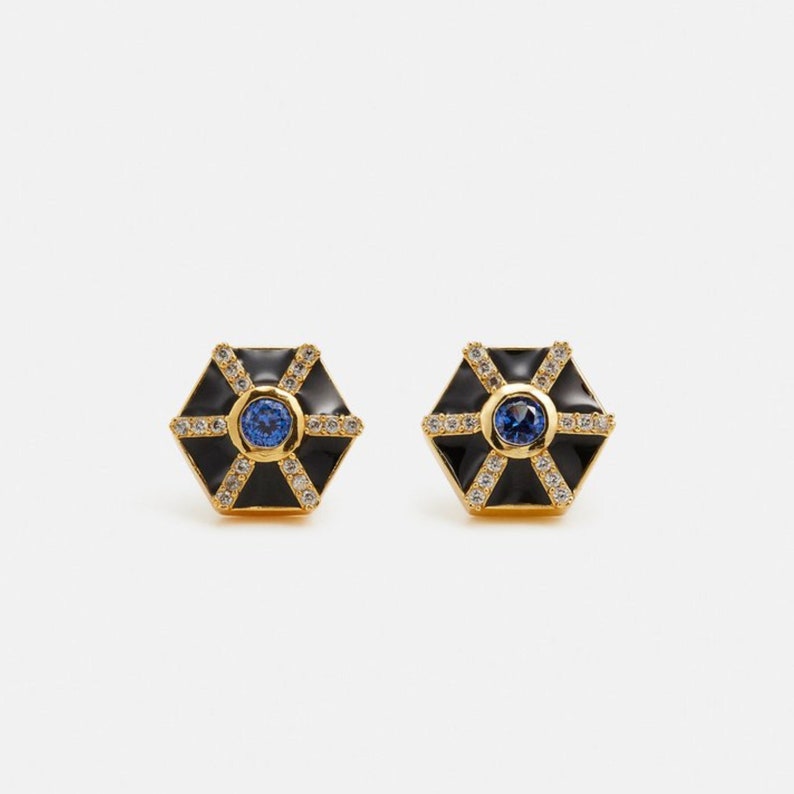 Black Enamel Sapphire Stud Earrings Sapphire Birthstone Earring Hexagon earrings Black earrings Trendy Earrings 2023 Anniversary gift image 3