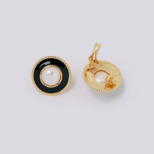 Round Vintage Pearl Earrings Black Enamel Chunky Large Stud Statement Earrings image 4