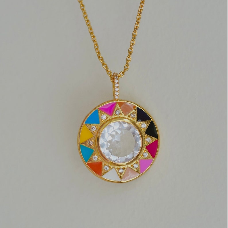 Round Coin Pendant Necklace, Gemstone Pendant, Enamel Necklace, Round Necklace, Medallion Pendant, Layering Necklace, Gemstone Rainbow