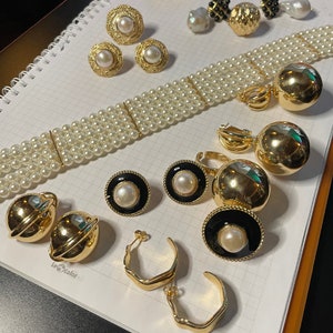 Round Vintage Pearl Earrings Black Enamel Chunky Large Stud Statement Earrings image 5