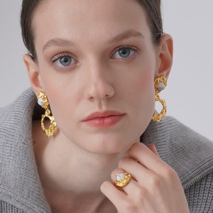 Irregular Organic Gold Earrings, Dangle Hoop Earrings, White Turquoise Geometric Unique Earrings, Wedding Gift For Her image 4